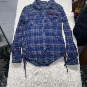 Affliction blue flannel women’s biker shirt with sewn on back patch size small